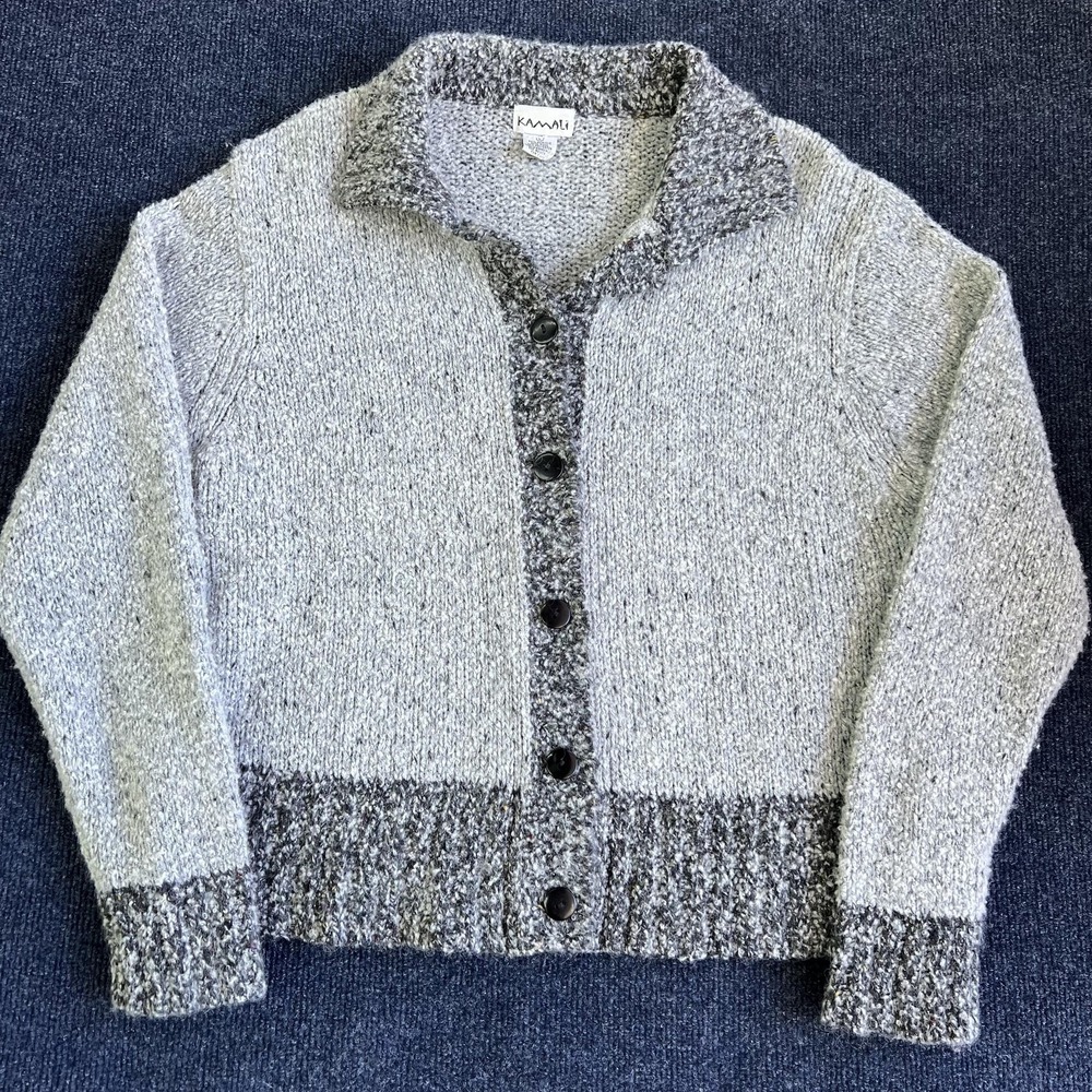 Vintage Kamali Cardigan Sweater Womens Large Collared Button Wool Chunky Knit